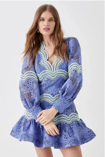 Autumn New V-Neck Lantern Sleeve Splicing Hollow Design Short Dress Woman